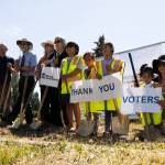 Edmonds School Board members and students from Oak Heights Elementary pose for a photo during a groundbreaking ceremony for the new Salish Middle School on Wednesday, June 17, 2026 in Lynnwood, Washington. (Will Geschke / The Herald)