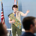 Skyler MacKay speaks to a crowd during a Scouts ceremony on Wednesday, June 17, 2026, in Lynnwood, Washington. (Will Geschke / The Herald)