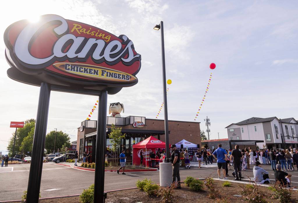 Outside of the new Raising Canes along 164th Street on Tuesday, June 23, 2026 in Lynnwood, Washington. (Olivia Vanni / The Herald)
