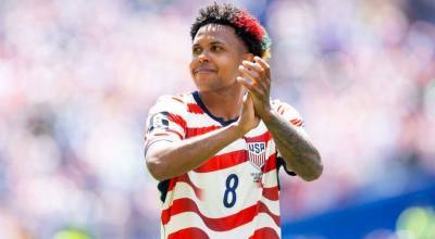 Weston McKennie (8) of the United States applauds fans after the teams 2-0 victory in the FIFA World Cup 2026 Group D match between USA and Australia at Seattle Stadium on June 19, 2026 in Seattle, Washington. (Fran Santiago / Getty Images / The Athletic)