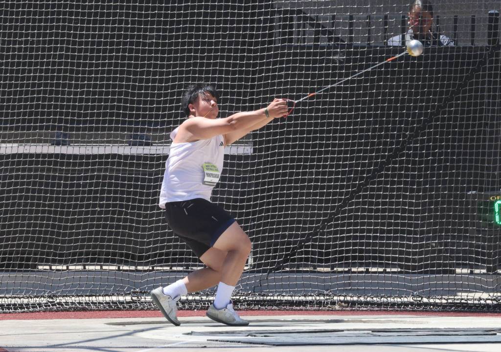 Kamiaks Teeraphat Phongprasansak competes in the Boys Hammer Throw Championship at Nike Outdoor Nationals in Eugene, Oregon on June 21, 2026. (Photo courtesy of Donna Beard)