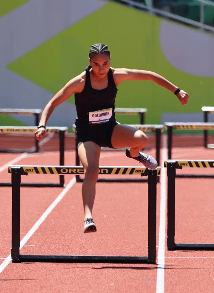 Kamiaks Avery Goldwire competes in the 100m hurdles for the U20 Women Heptathlon at Nike Outdoor Nationals in Eugene, Oregon on June 18, 2026. (Photo courtesy of Donna Beard)