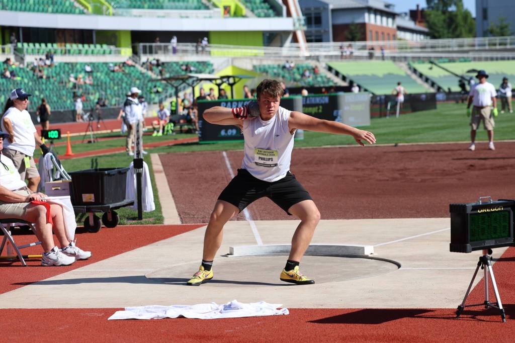 Shorecrests Edison Phillips competes in the Boys Shot Put Emerging Elite at Nike Outdoor Nationals in Eugene, Oregon on June 21, 2026. (Photo courtesy of Donna Beard)