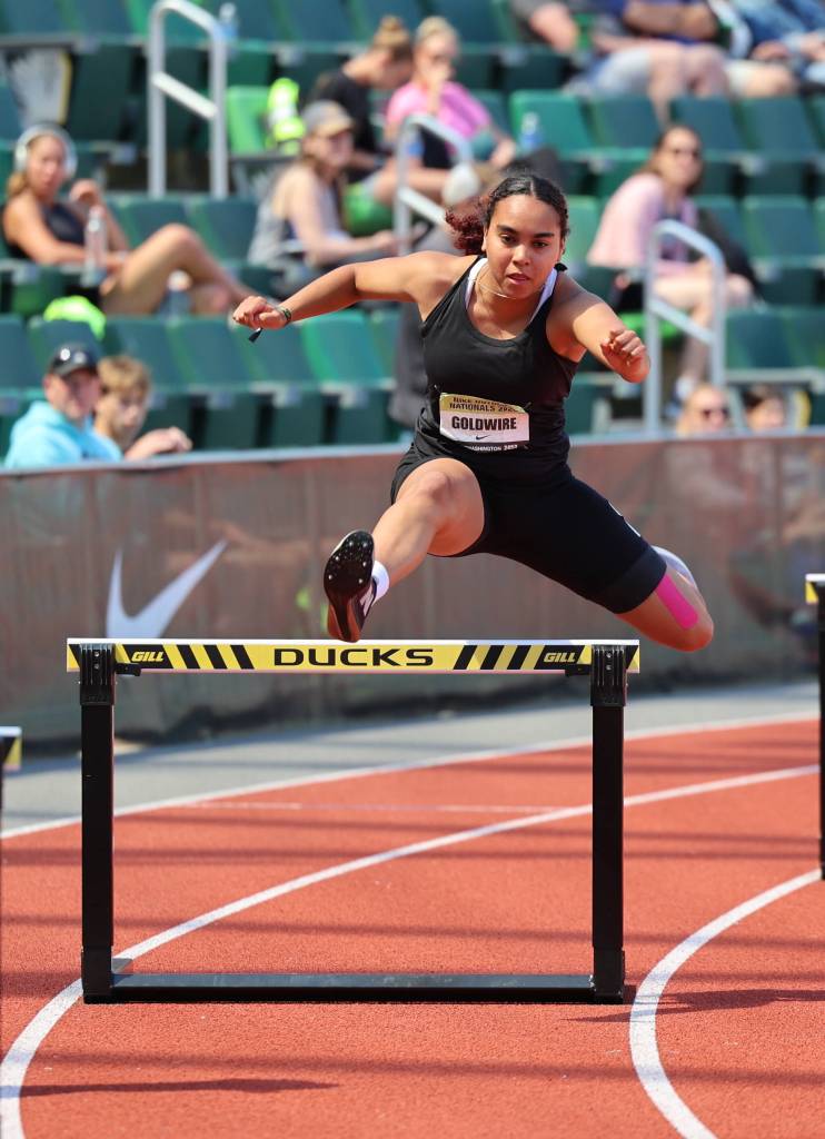 Kamiaks Maya Goldwire competes in the Girls 400m Hurdles Emerging Elite at Nike Outdoor Nationals in Eugene, Oregon on June 21, 2026. (Photo courtesy of Donna Beard)