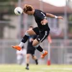 Shorewoods Tajidin Babayev jumps to head the ball during the 3A state semifinal game against Blanchet on Friday, May 29, 2026 in Puyallup, Washington. (Olivia Vanni / The Herald)
