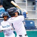 Brandon Eike of the Everett AquaSox takes a swing during a game against the Spokane Indians at Everett Memorial Stadium on Wednesday, April 22, 2026. (Photo courtesy of Shari Sommerfeld / Everett AquaSox)