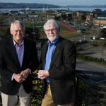 Paul Roberts, left, and Pat McClain on Monday, April 1, 2019 in Everett, Wash. The two helped the City of Everett convince the Navy to build a base, now known as Naval Station Everett. (Andy Bronson / The Herald)