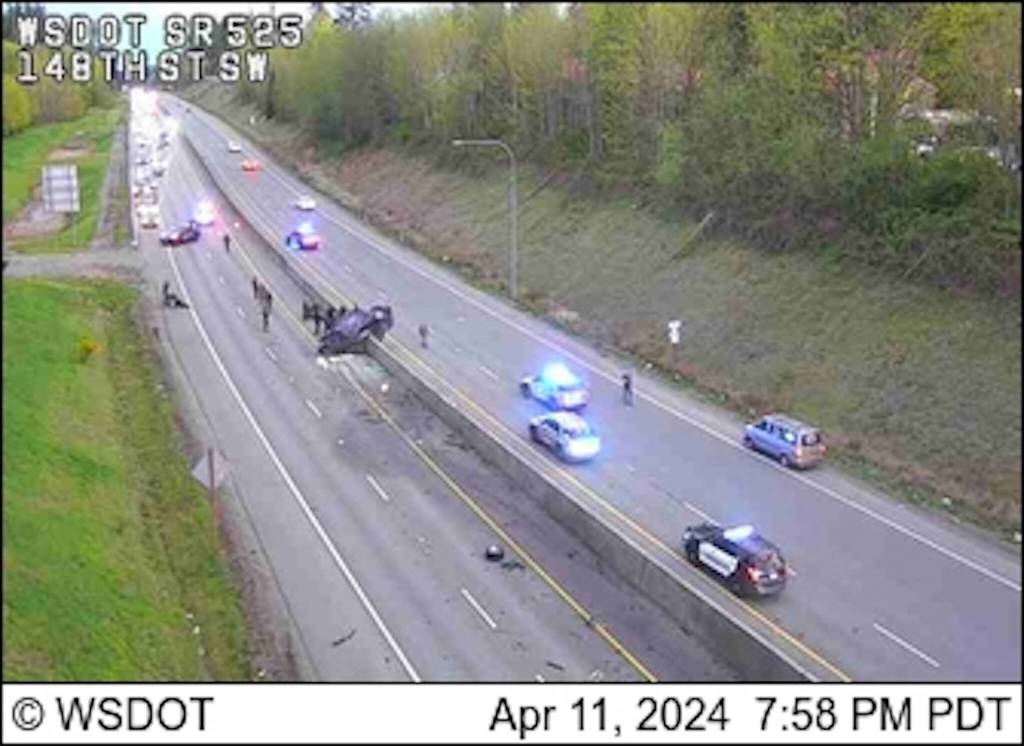 Police respond to a wrong way crash April 11, 2024, on Highway 525 in Lynnwood after a police chase. (Photo provided by Washington State Department of Transportation)