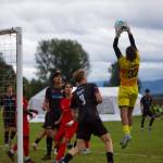 Bigfoot FC goalkeeper Landon Gordon leaps to secure a cross during Snohomish Uniteds 3-0 win at Stocker Fields on June 26, 2026. (Joe Pohoryles / The Herald)