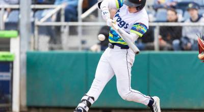 Jonny Farmelo #15 of the Everett AquaSox hits a home run during the game against the Hillsboro Hops on Wednesday, May 6, 2026 in Everett, Washington. (Olivia Vanni / The Herald)