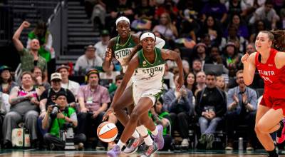 Seattle Storm guard Flaujae Johnson brings the ball up the floor while forward Awa Fam trails her during a game against the Atlanta Dream on Saturday, May 27, 2026 at Climate Pledge Arena in Seattle. (Courtesy of Seattle Storm)