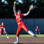 Stanwoods Addi Anderson pitches during the game against Monroe on Thursday, May 1, 2025 in Monroe, Washington. (Olivia Vanni / The Herald)