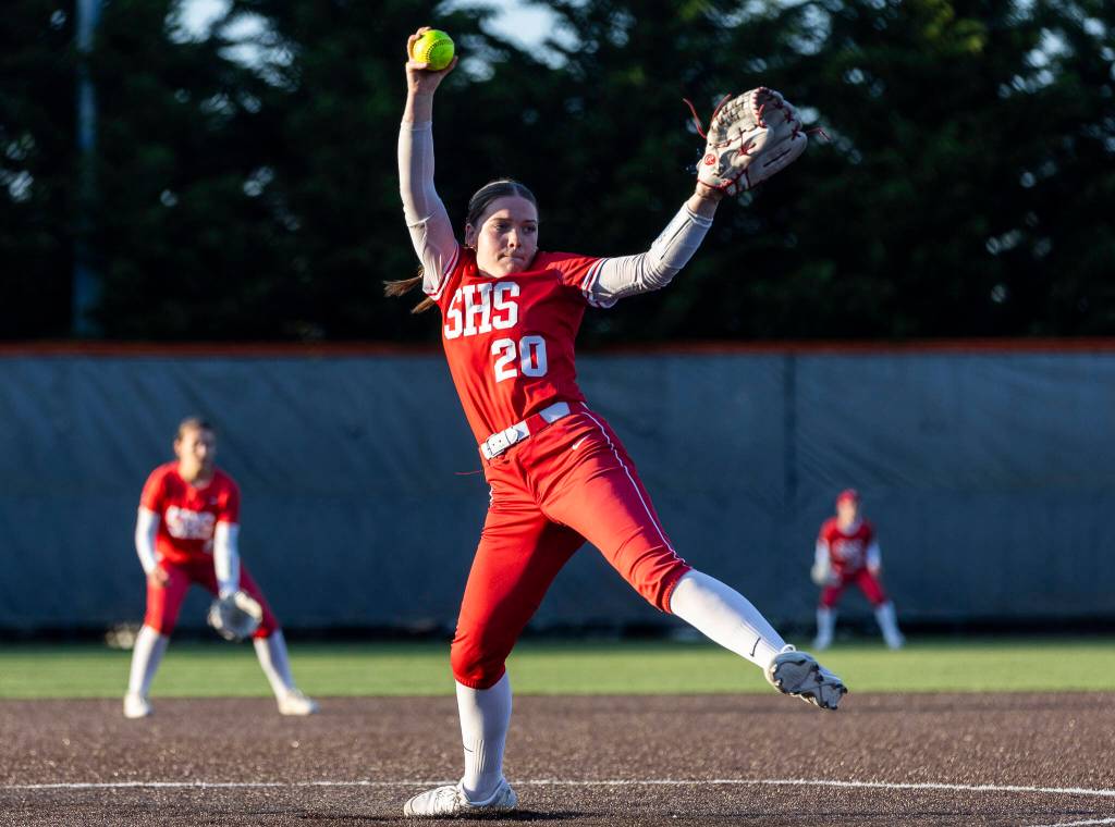 Stanwoods Addi Anderson pitches during the game against Monroe on Thursday, May 1, 2025 in Monroe, Washington. (Olivia Vanni / The Herald)