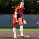 Stanwoods Addi Anderson yells after getting the final out in the game to beat Monroe on Thursday, May 1, 2025 in Monroe, Washington. (Olivia Vanni / The Herald)