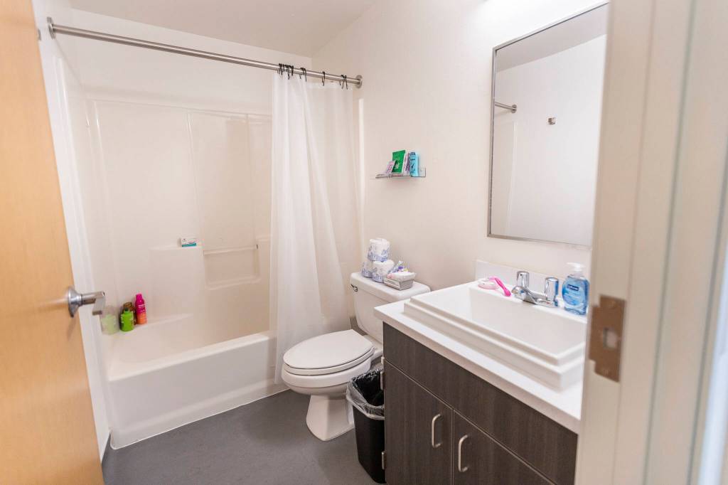 A bathroom that is a part of one of the resident units at the Edmonds New Start Center on Monday, June 29, 2026, in Edmonds, Washington. (Olivia Vanni / The Herald)