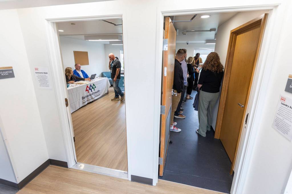 A multipurpose room and laundry room available to residents at the Edmonds New Start Center on Monday, June 29, 2026, in Edmonds, Washington. (Olivia Vanni / The Herald)