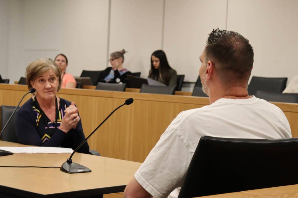 Snohomish County Superior Court Judge Karen Moore speaks with a participant in adult recovery court about their progress during an afternoon session of drug court on Thursday, June 18, 2026, in Everett, Washington. (Ian Davis-Leonard / The Daily Herald)