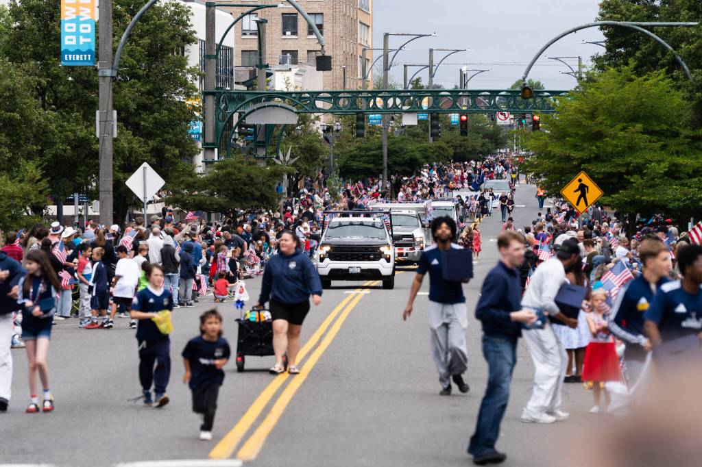 Thousands lined the streets of downtown Everett during the Everett Independence Day parade on Saturday, July 4, 2026, in Everett, Washington. (Will Geschke / The Herald)