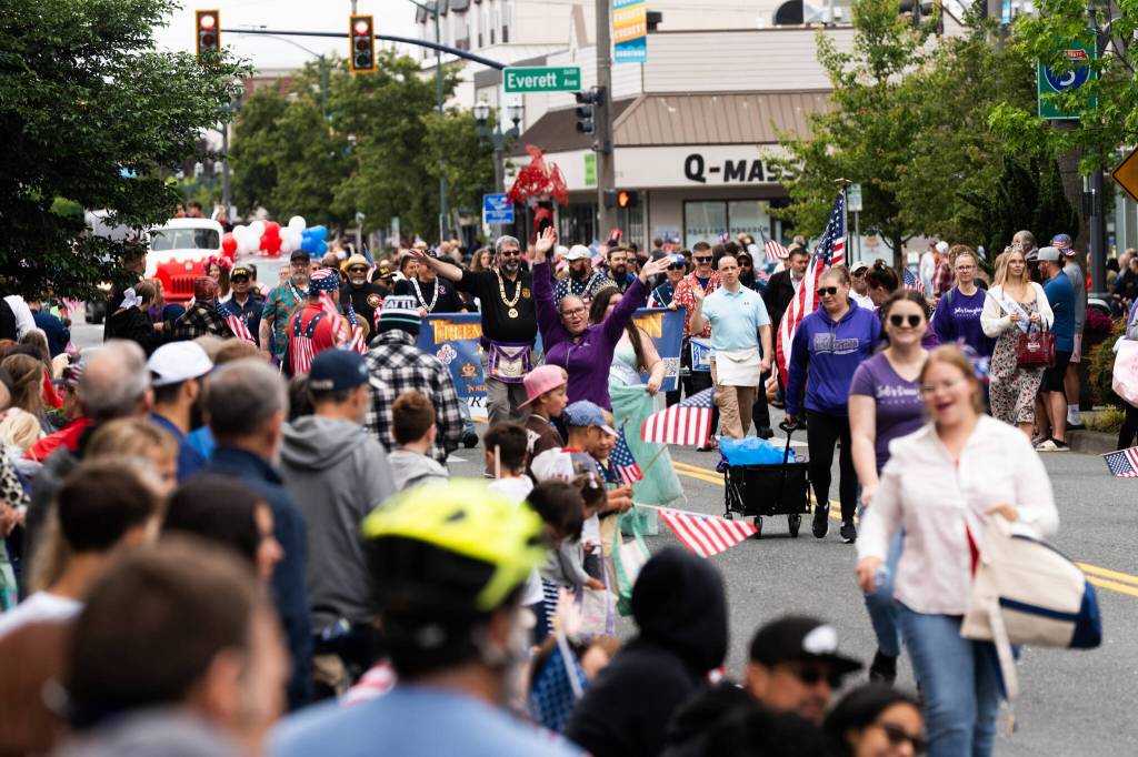 Thousands lined the streets of downtown Everett during the Everett Independence Day parade on Saturday, July 4, 2026, in Everett, Washington. (Will Geschke / The Herald)