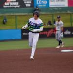 AquaSox outfielder Jonny Farmelo smiles at the bullpen after hitting a home run during Everetts 3-2 win against Tri-City at Everett Memorial Stadium on June 30, 2026. (Joe Pohoryles / The Herald)