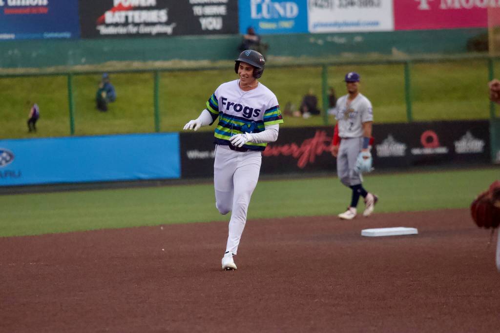 AquaSox outfielder Jonny Farmelo smiles at the bullpen after hitting a home run during Everetts 3-2 win against Tri-City at Everett Memorial Stadium on June 30, 2026. (Joe Pohoryles / The Herald)