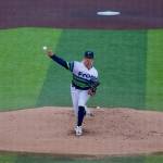 AquaSox pitcher Taylor Dollard delivers a pitch during Everetts 3-2 win against Tri-City at Everett Memorial Stadium on June 30, 2026. (Joe Pohoryles / The Herald)