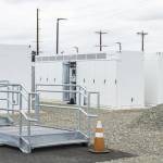 Recently installed Tesla batteries sit on Snohomish County PUDs clean energy campus on Wednesday, July 1, 2026, in Arlington, Washington. (Olivia Vanni / The Herald)