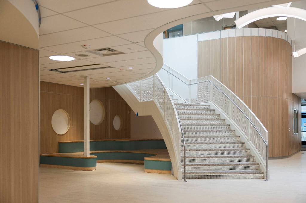 The main corridor and staircase inside Jackson Elementary School on Tuesday, July 7, 2026, in Everett, Washington. (Olivia Vanni / The Herald)