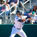 Luke Stevenson of the Everett AquaSox bats against the Tri-City Dust Devils at Everett Memorial Stadium on July 6, 2026. (Photo courtesy of Evan Morud / Everett AquaSox)