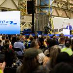 Mike Fleming, senior vice president of airplane programs and customer service at Boeing Commercial Airplanes, speaks at the ribbon-cutting for the North Line on Friday, July 10, 2026, in Everett, Washington. (Olivia Vanni / The Herald)