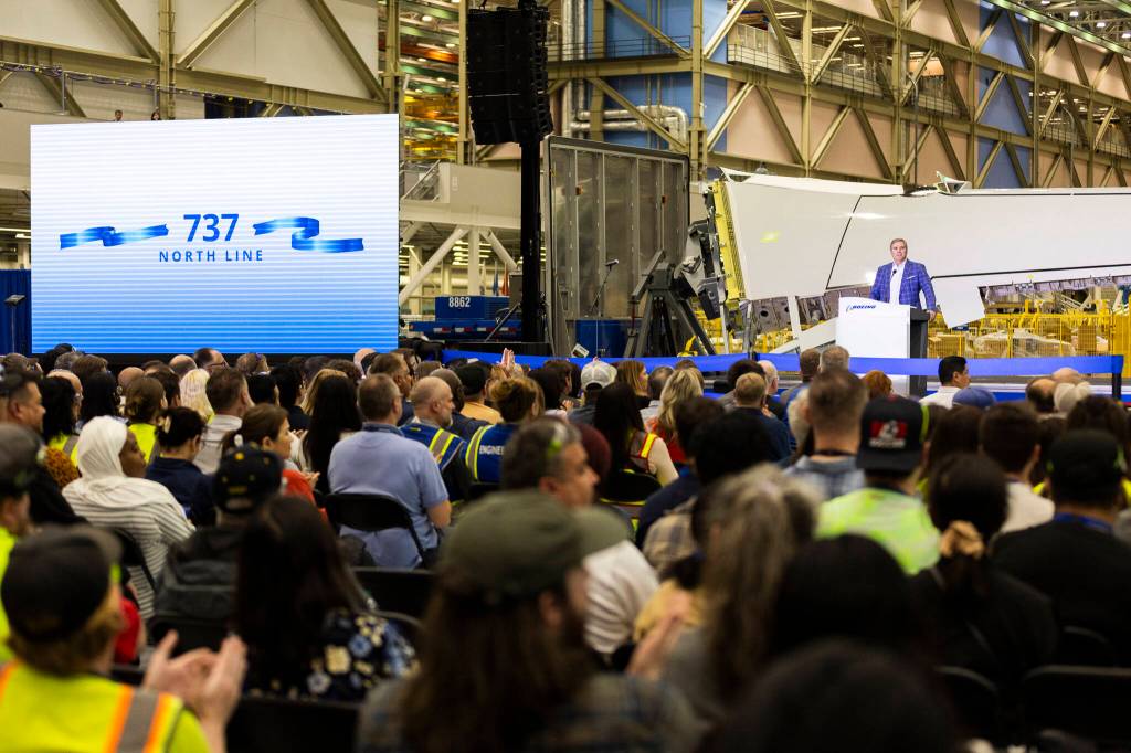 Mike Fleming, senior vice president of airplane programs and customer service at Boeing Commercial Airplanes, speaks at the ribbon-cutting for the North Line on Friday, July 10, 2026, in Everett, Washington. (Olivia Vanni / The Herald)
