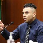 Claiming a man pointed a gun at him, Kevin Rodriguez testifies in court at the Snohomish County Courthouse on Thursday, June 10, 2021, in Everett, Washington. Rodriguez was convicted of manslaughter for killing Evodio Garcia Martinez. (Andy Bronson / The Herald)