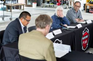 U.S. Sen. Patty Murray, D-Wash. along with Darrington Mayor Dan Rankin and others listen as Tulalip Tribes Chairman Hazen Shopbell speaks during a press conference on Wednesday, July 8, 2026 in Everett, Washington. (Olivia Vanni / The Herald)