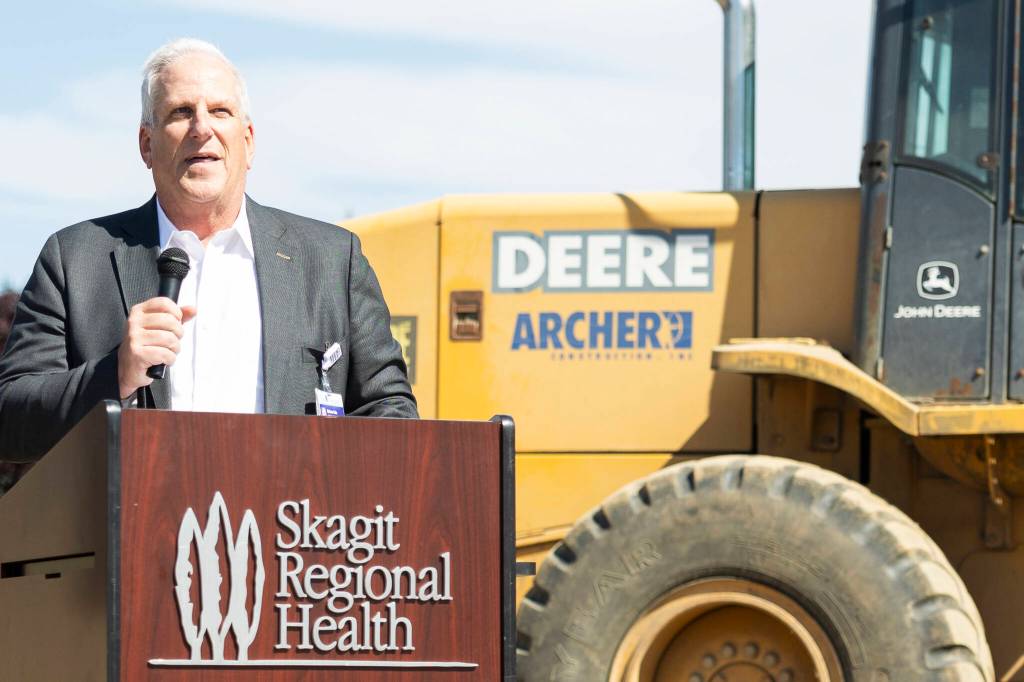 Skagit Regional Health CEO Brian Ivie speaks at a groundbreaking for a new medical plaza on Tuesday, July 7, 2026 in Arlington, Washington. (Olivia Vanni / The Herald)