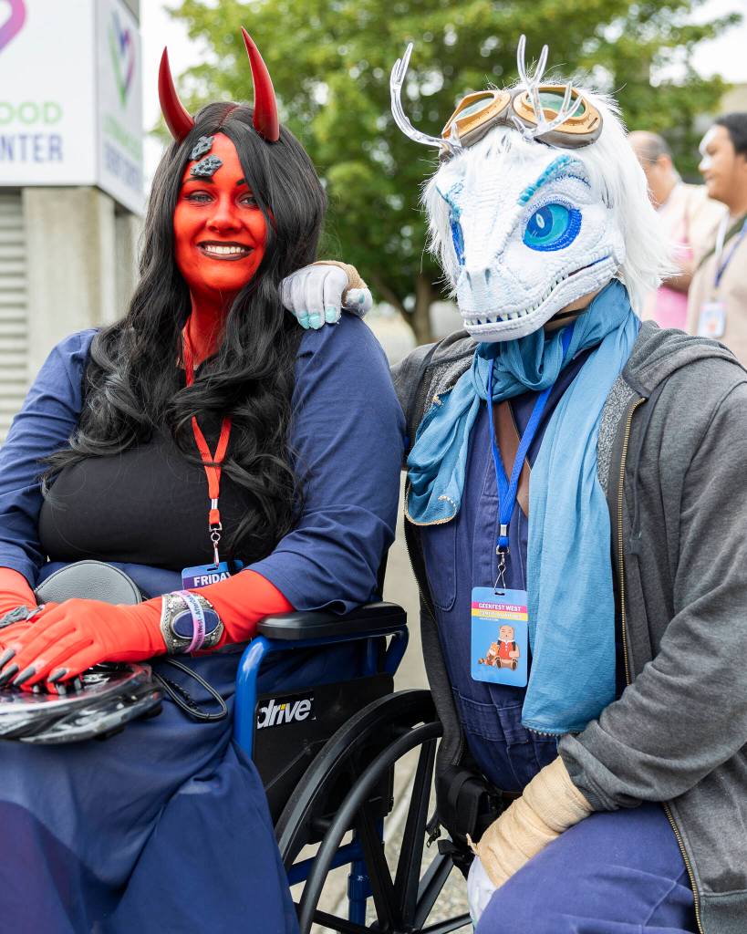 Hannah and Hunter cosplay as their original Dungeon & Dragons characters Mercer and Kori during GeekFest West on Friday, July 17, 2026, in Lynnwood, Washington. (Olivia Vanni / The Herald)