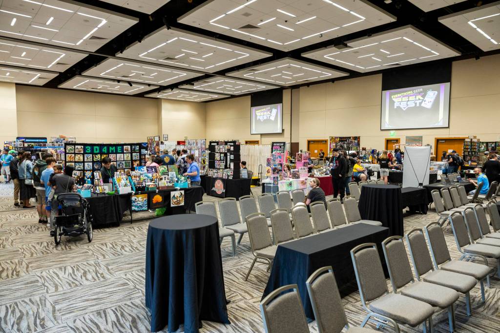 Inside the upstairs vendor area at GeekFest West on Friday, July 17, 2026, in Lynnwood, Washington. (Olivia Vanni / The Herald)