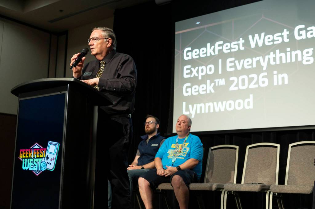 Lynnwood Mayor George Hurst speaks at the opening ceremony for GeekFest West on Friday, July 17, 2026, in Lynnwood, Washington. (Olivia Vanni / The Herald)