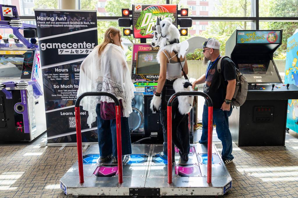 People play Dance Dance Revolution during GeekFest West on Friday, July 17, 2026 in Lynnwood, Washington. (Olivia Vanni / The Herald)