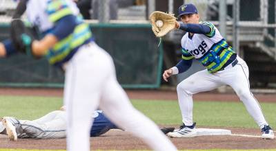 The AquaSox attempt a pickoff on Wednesday, May 6, 2026 in Everett, Washington. (Olivia Vanni / The Herald)