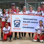 The Snohomish Little League 12U All Stars softball team poses with their banner after winning the 2026 state title on Saturday, July 11, 2026 at Legends Fields in Oakville. (Photo courtesy of Snohomish Little League)