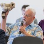 Lindsay Gearys father, Kenneth Geary, shows a stuffed animal raccoon named Bandit, a gift he gave Lindsay, as the only thing has left of his daughter while speaking during the sentencing of Nestor Hernandez Melgar at the Snohomish County Courthouse on Wednesday, July 22, 2026, in Everett, Washington. (Olivia Vanni / The Herald)