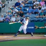 Mariners infielder Brendan Donovan makes contact during his rehab assignment with the Everett AquaSox at Everett Memorial Stadium on July 21, 2026. (Joe Pohoryles / The Herald)