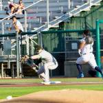 AquaSox infielder Ricardo Cova (right) tries to beat out a throw to first base during Everetts 13-8 loss to the Eugene Emeralds at Everett Memorial Stadium on July 21, 2026. (Joe Pohoryles / The Herald)