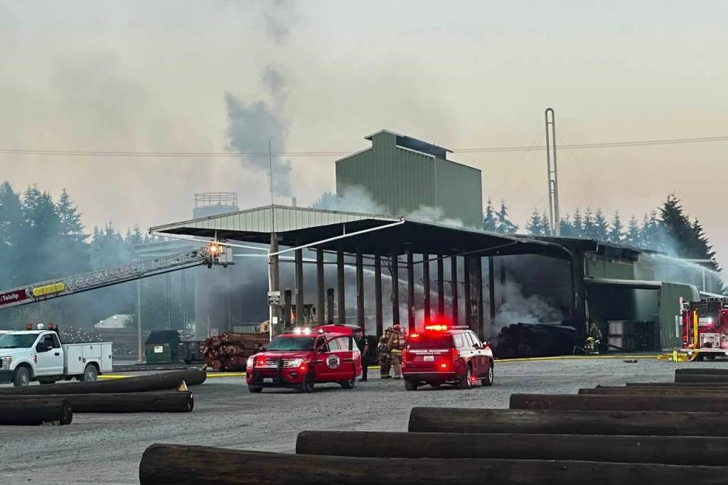Firefighters responded to a large commercial fire at a wood manufacturer off 188th Street Northeast east of the airport in Arlington on the morning of Wednesday, July 22, 2026. (Courtesy of the city of Arlington)