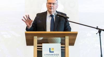 Lynnwood Mayor George Hurst speaks during his State of City address at the Lynnwood Neighborhood Center on Thursday, March 26, 2026 in Lynnwood, Washington. (Olivia Vanni / The Herald)