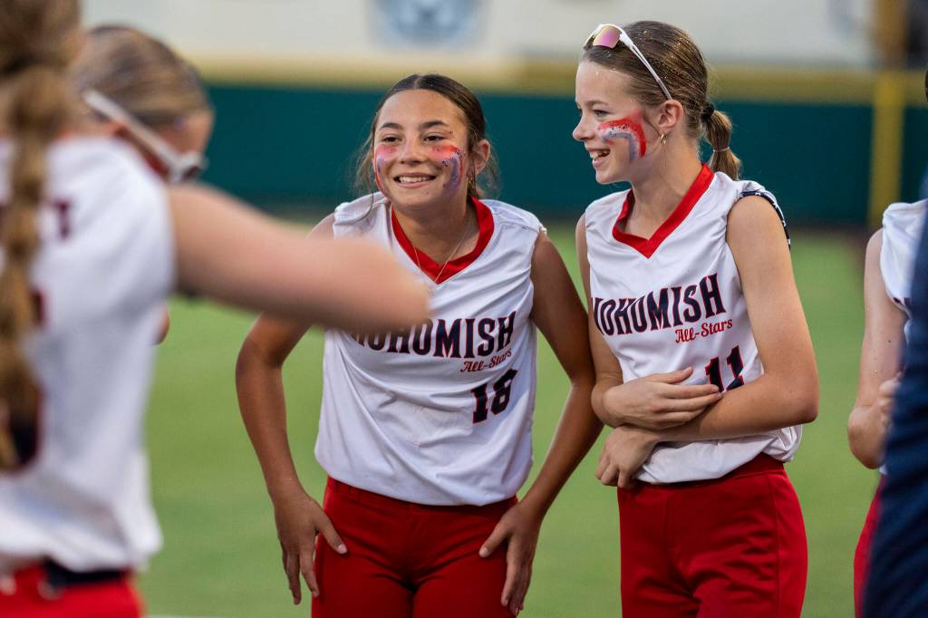 Snohomish Little League All-Stars Kaia Alanah Hoolulu (18) and Hanna Choiniere (11) celebrate against Oregon on Sunday, July 19, 2026 at Al Houghton Stadium in San Bernardino, California. (Photo courtesy of Little League Baseball and Softball)
