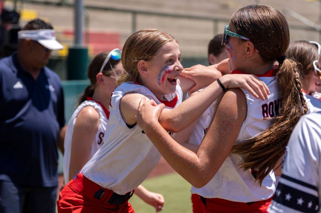 Snohomish Little League All-Stars celebrate a win over Idaho to clinch the Northwest Region title on Thursday at Al Houghton Stadium in San Bernardino, California. (Photo courtesy of Little League Baseball and Softball)