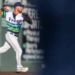 Austin St. Laurent #13 of the Everett AquaSox makes a throw to first base during the game against the Eugene Emeralds on Friday, July 24, 2026 in Everett, Washington. (Olivia Vanni / The Herald)