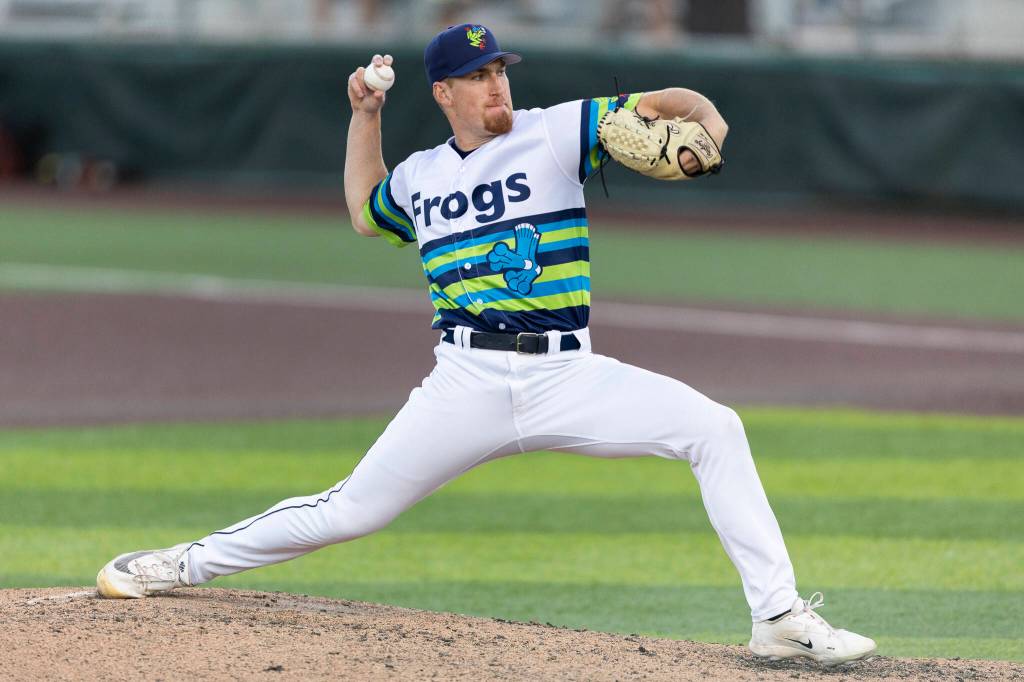 Sam Whiting #37 of the Everett AquaSox pitches during the sixth inning against the Eugene Emeralds on Friday, July 24, 2026 in Everett, Washington. (Olivia Vanni / The Herald)