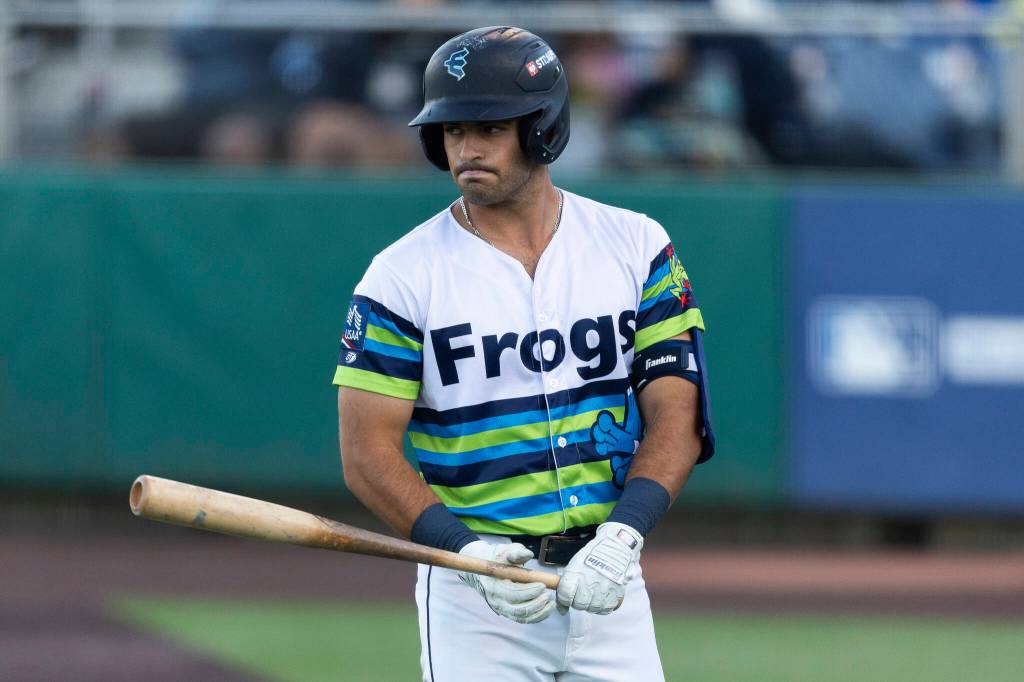 Brandon Eike #4 of the Everett AquaSox reacts after striking out during the fifth inning against the Eugene Emeralds on Friday, July 24, 2026 in Everett, Washington. (Olivia Vanni / The Herald)